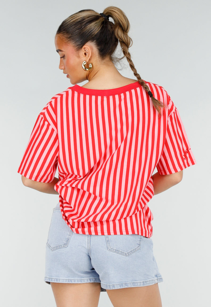 Roze Rode Gestreepte Oversized T-shirt met V-hals