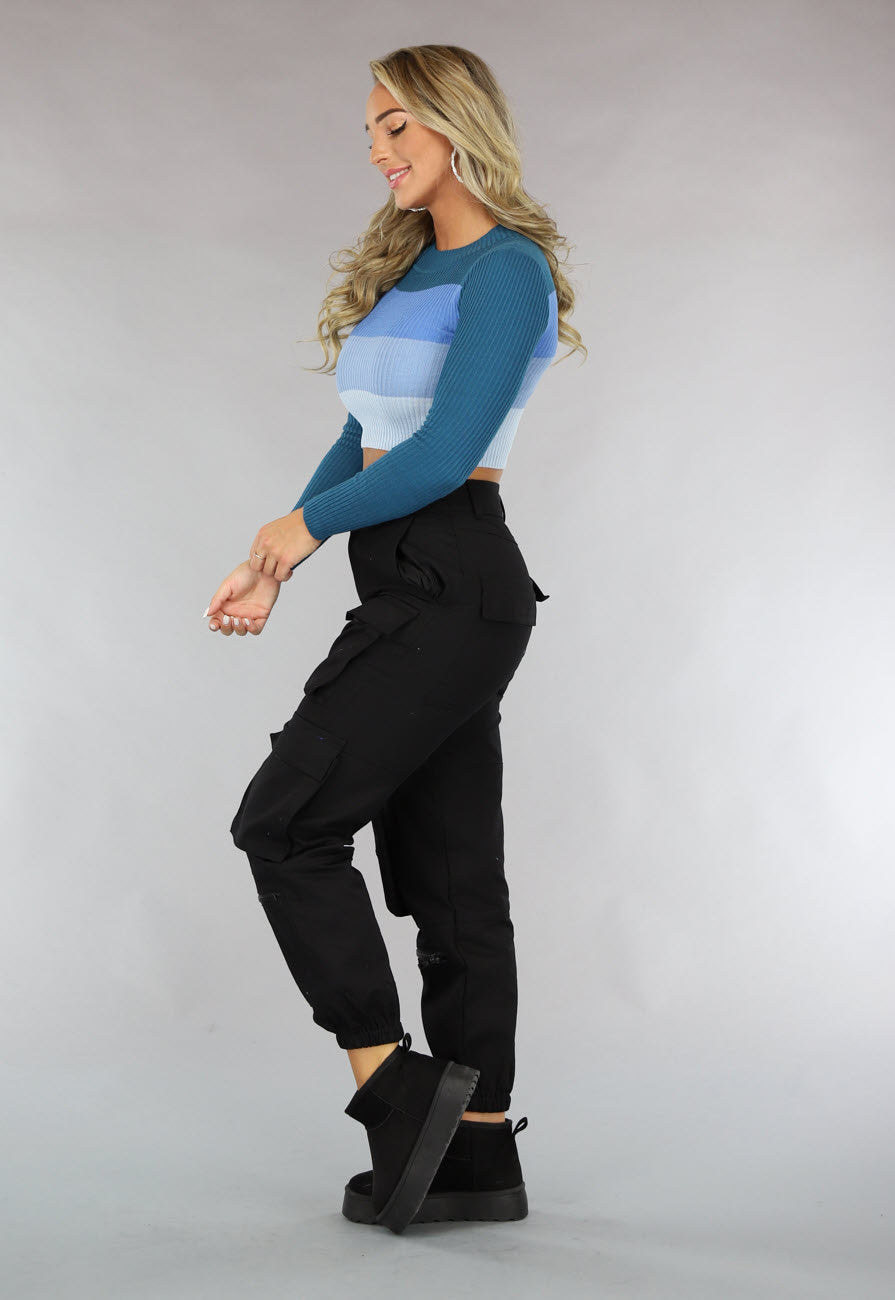 Gestreepte Ribstof Crop Top Blauw