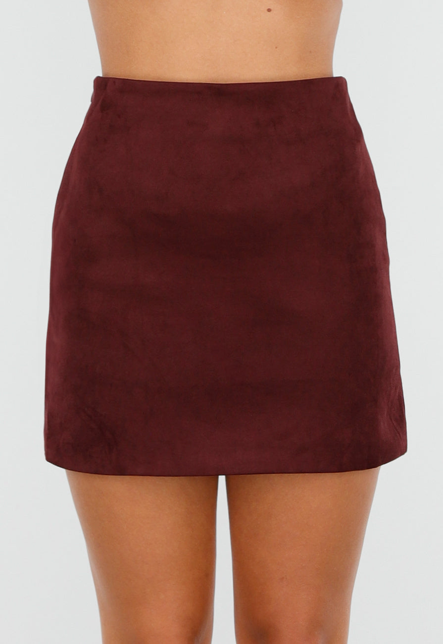Bordeauxrode Suèdelook Rok in Mini Lengte met Effen Design