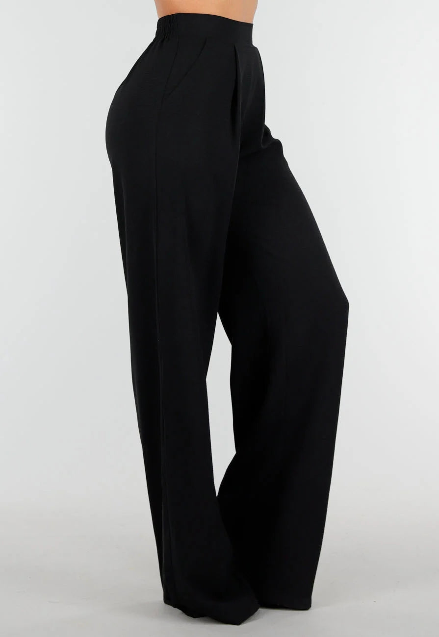 High Waist Zwarte Linnen Look Tall Broek met Tailleband