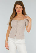 Beige Cropped fit  Blazer Look Top met Binnen Voering en Knoopsluiting