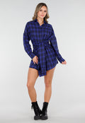Donkerblauwe Geruite Blouse Jurk met Strikmouwen