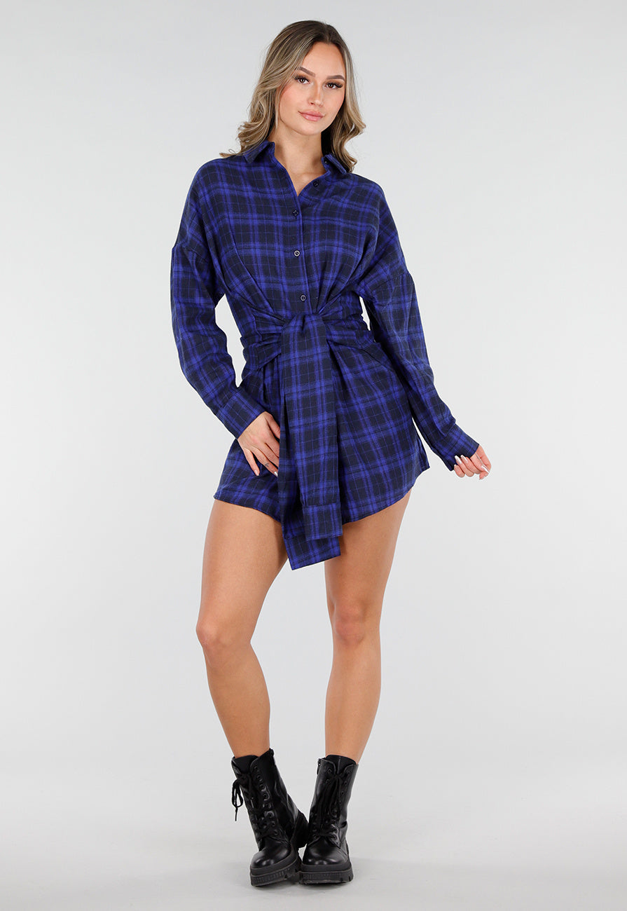 Donkerblauwe Geruite Blouse Jurk met Strikmouwen