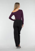 Paarskleurige One Shoulder Stretch Top met Lange Mouwen en Aansluitende Pasvorm
