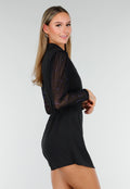 Zwarte Stretch Blazer Playsuit met Glitter Mesh Mouwen