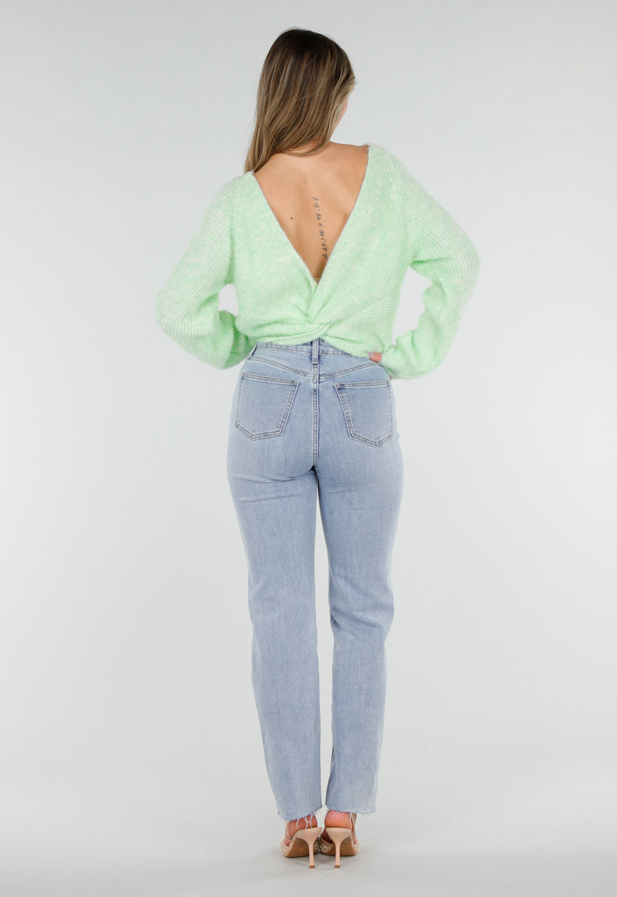 Mintgroene Gebreide Wollen Twist Trui met V Hals en Open Rug