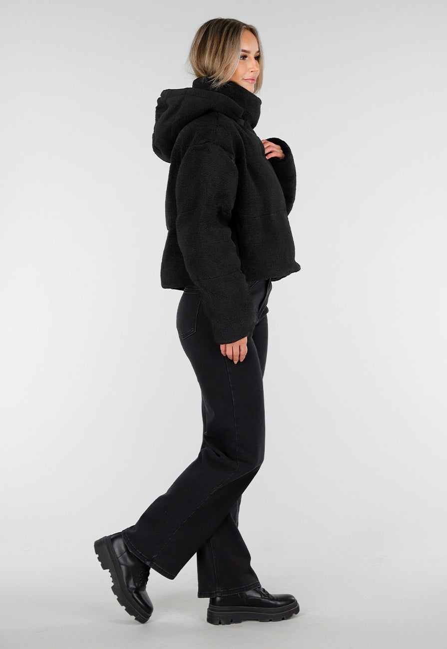 Zwarte Teddy Jas met Capuchon en Ritsluiting