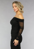 Gedrapeerde Zwarte Bodycon Off Shoulder Mesh Jurk