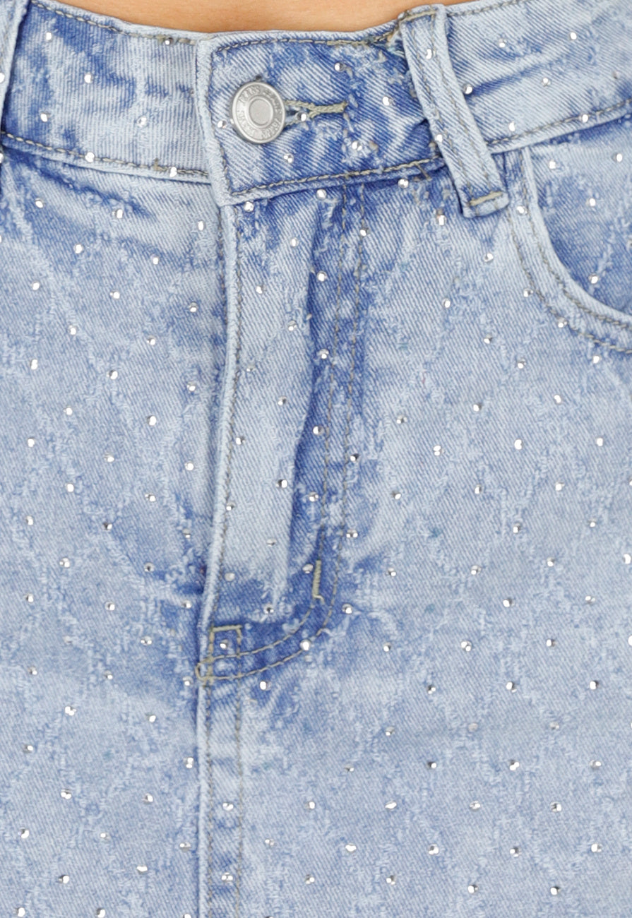 Blauwe Denim Skort met Strass Details en Rechte Pasvorm