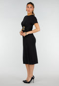 Zwarte Stretch Midi Jurk met Gouden Taille Detail