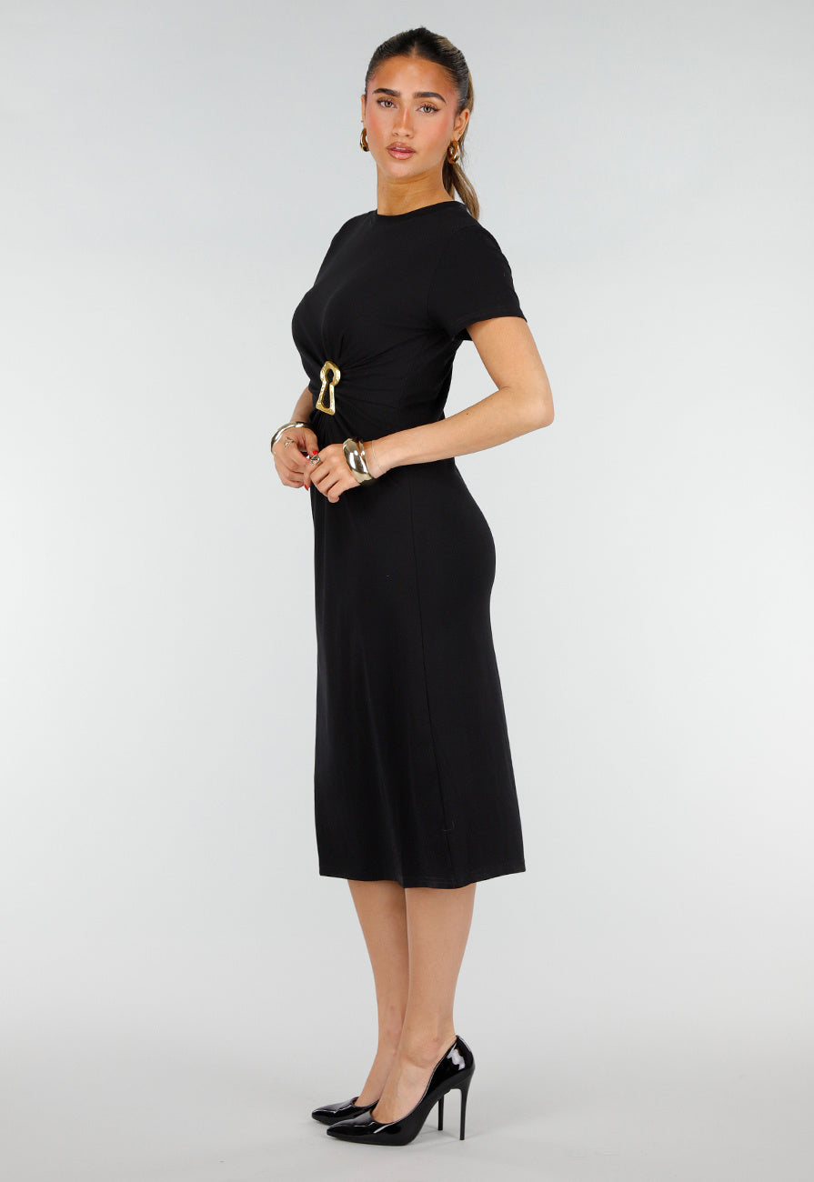 Zwarte Stretch Midi Jurk met Gouden Taille Detail