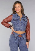 Denim Flared Two Piece met Bruine Lederlook Details