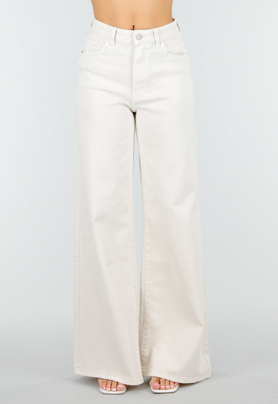 Beige Extra Wide Leg Jeans met Hoge Taille en Stretch