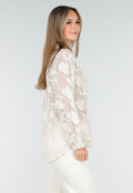 Beige Doorschijnende Blouse met Bloemenborduursel en Lange Mouwen