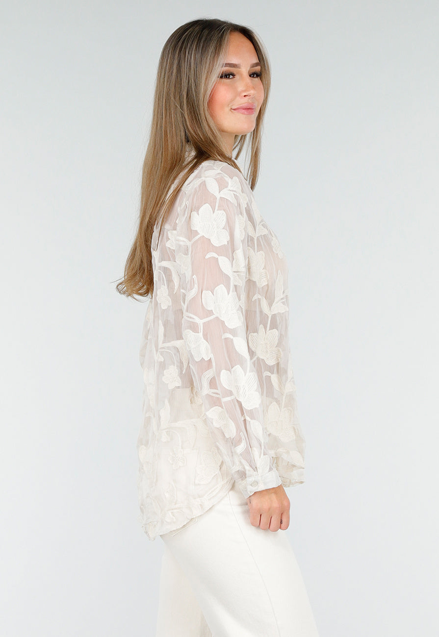 Beige Doorschijnende Blouse met Bloemenborduursel en Lange Mouwen