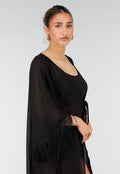 Zwarte Kimono met Halflange Mouwen en Franjes