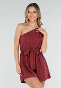 Bordeaux Playsuit met One Shoulder en Strik Tailleband