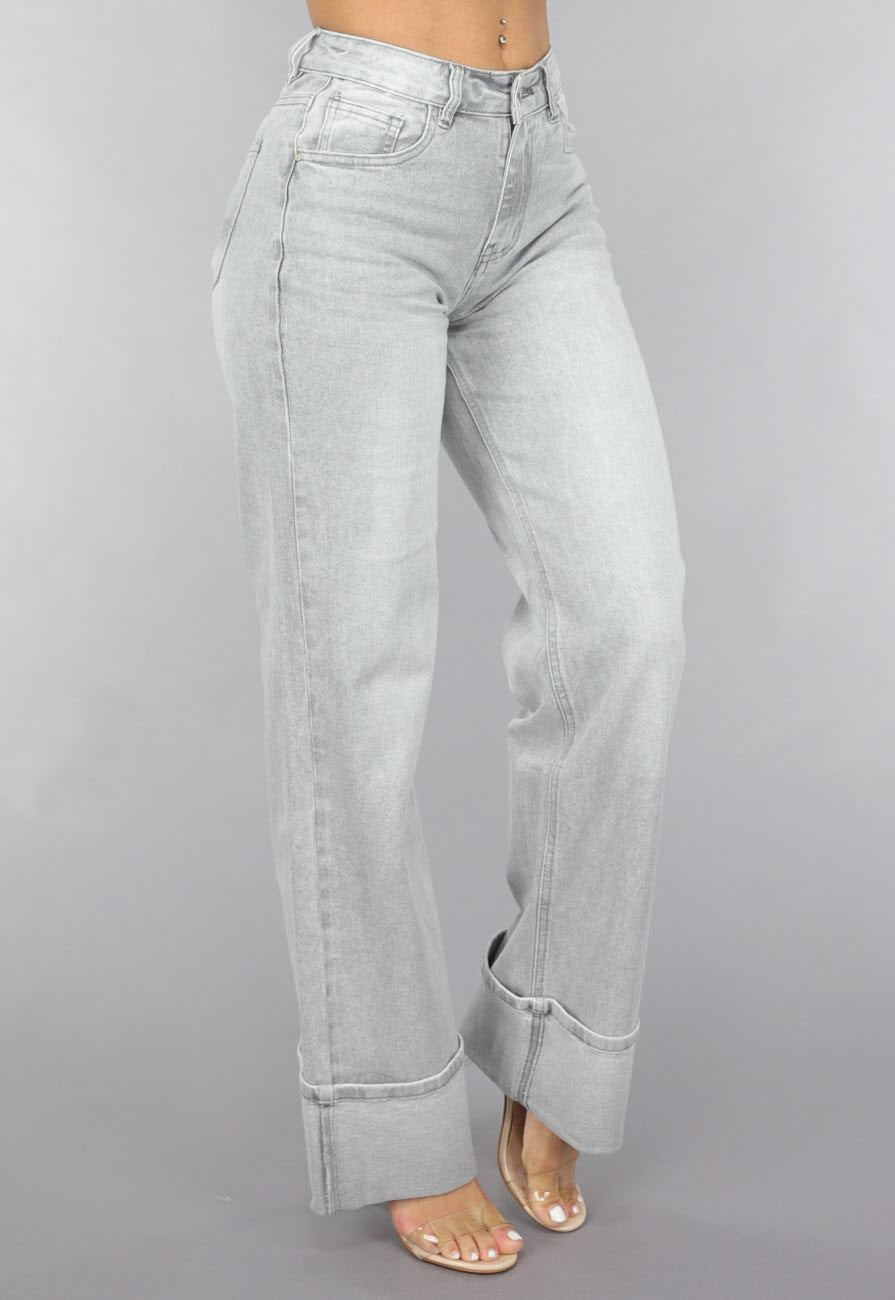 Grijze Mid Waist Omgeslagen Straight Leg Jeans