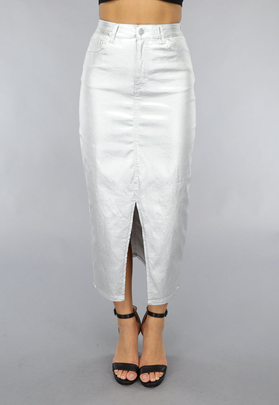 Redial Jeans  Zilveren Metallic Midi Rok met Split