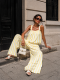 Geel Witte Gestreepte Two Piece Set met Mouwloze Top en Wide Leg Broek