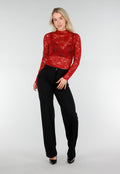 Rode Kanten Mesh Top met Lange Mouwen en Col