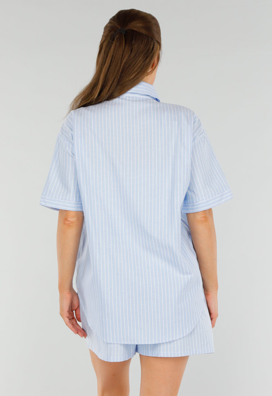 Lichtblauwe Katoenen Set met Blouse en Short met Zakken