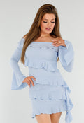 Lichtblauwe Off-Shoulder Jurk met Ruches en Stretchstof