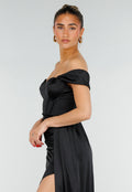Zwarte Satin Off Shoulder Galajurk met Split