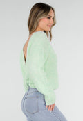 Mintgroene Gebreide Wollen Twist Trui met V Hals en Open Rug