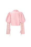 Lichtroze Korte Blazer met Kanten Mouwen en Pofmouwen