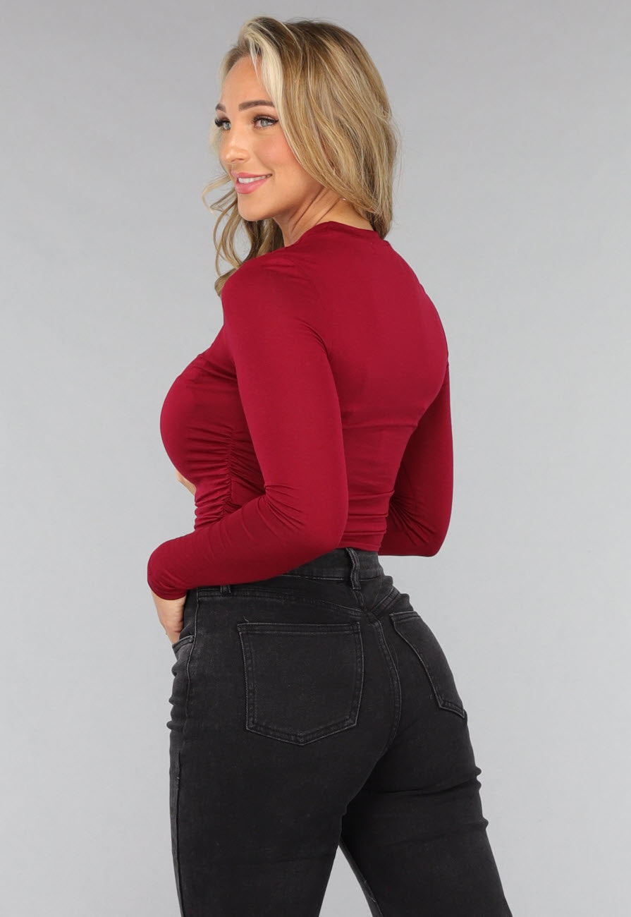 Burgundy Rode Geplooide Longsleeve Top