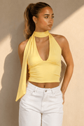Gele Halter Crop Top met Open Rug en Diepe V-Hals
