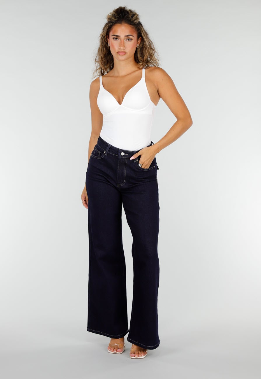 Donkerblauwe Wide Leg Jeans met Contrasterende Stiksels en Zakken