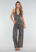Zwarte Denim Two Piece Set met Halter Gilet en Wide Leg Jeans Voor Dames