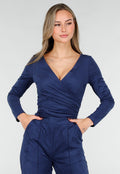 Donkerblauwe Suede Overslag Top met Stretch