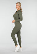Groene Rib Jumpsuit Met Lange Mouwen en Ritssluiting