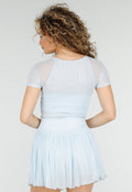 Lichtblauwe Mesh Crop Top met Korte Mouwen en Pads