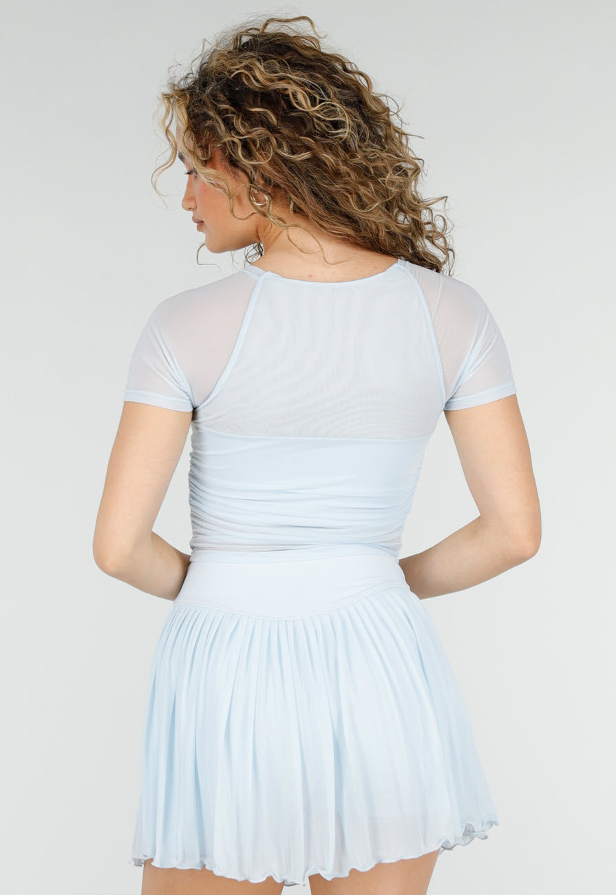 Lichtblauwe Mesh Crop Top met Korte Mouwen en Pads