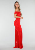 Rode Off Shoulder Maxi Jurk met Ruches en Mesh Details