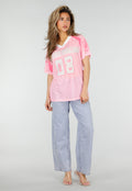 Roze Mesh Jersey Top met V-hals en Korte Mouwen en Print
