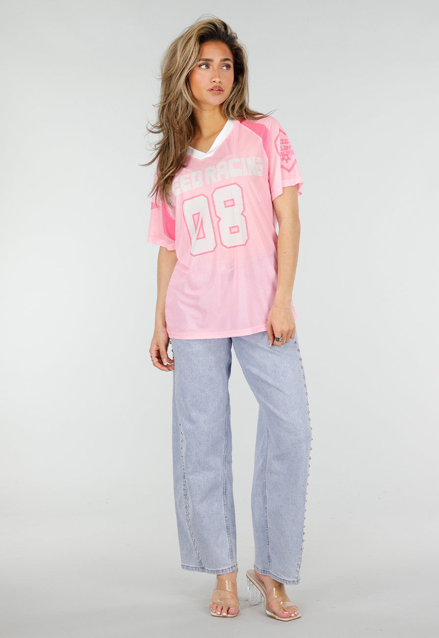 Roze Mesh Jersey Top met V-hals en Korte Mouwen en Print