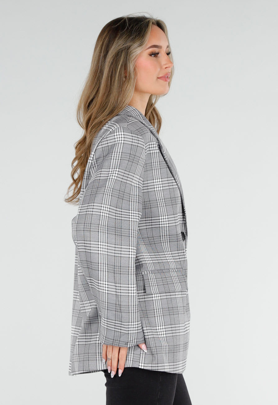 Grijze Geruite Blazer met Lange Mouwen en Knopen