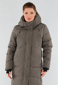 Khaki Lange Pufferjas met Capuchon en Hoge Kraag
