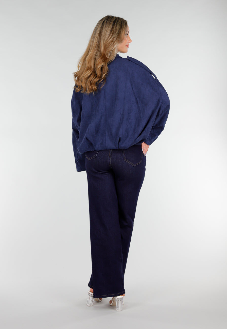 Donkerblauw Suèdelook Jasje met Rits- en Knoopsluiting
