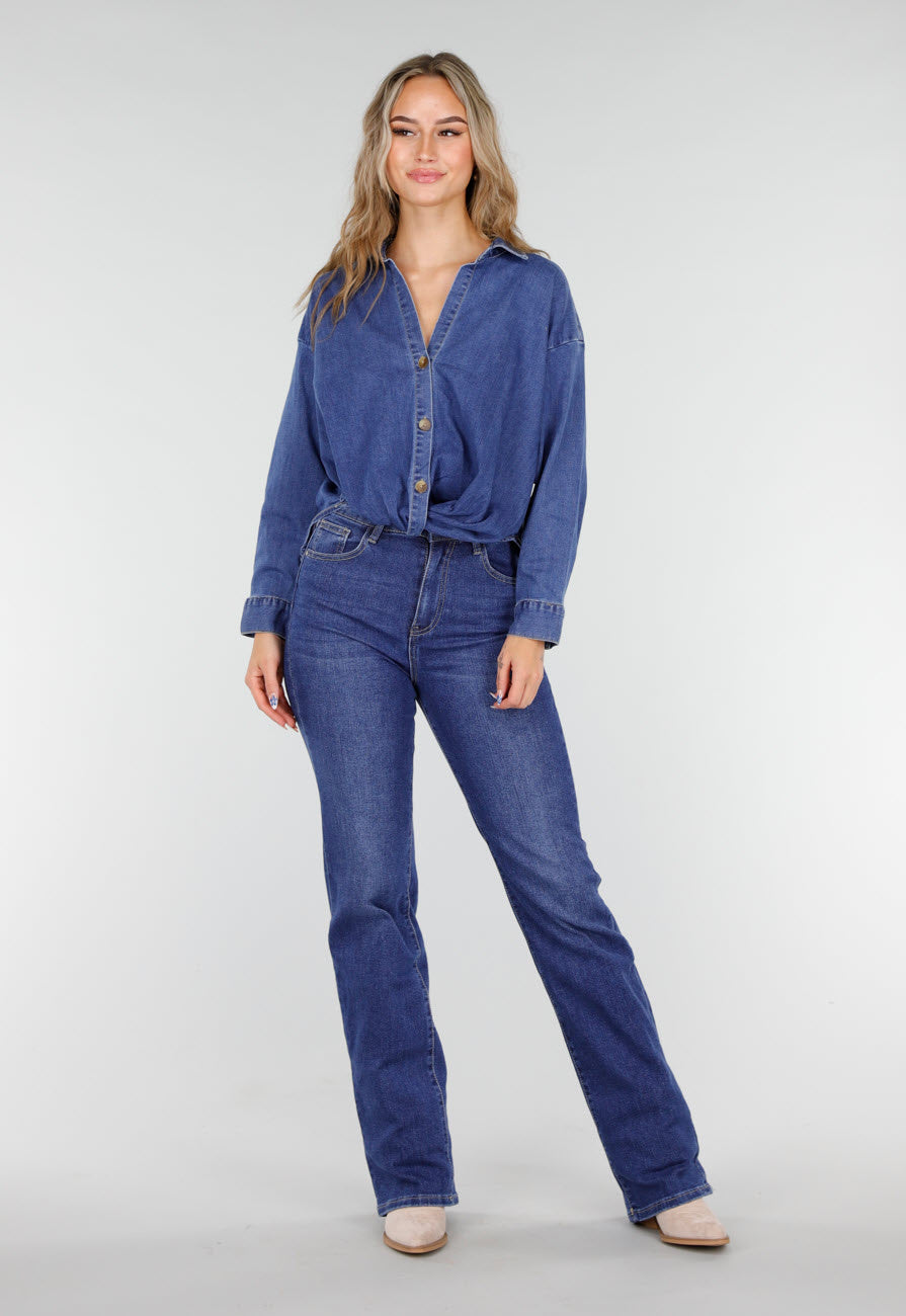 Blauwe Spijkerblouse met Knoopdetail