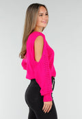 Fuchsia Gebreide Trui met Cut Out en Off Shoulder