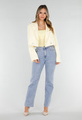Butter Yellow Cropped Blazer met Gouden Strass Knopen