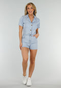 Redial Jeans  Lichtblauwe Denim Playsuit met Reverskraag en Knoopsluiting