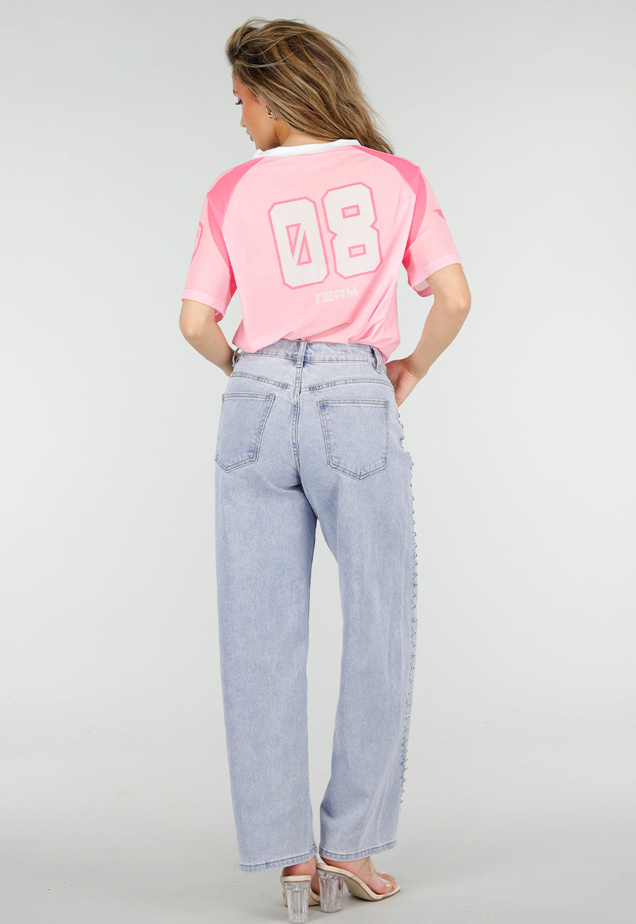 Lichtblauwe Denim Barrel Jeans met Studs en Stretch