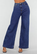 Blauwe Denim Wide Leg Jeans met Zwarte Kanten Achterzakken